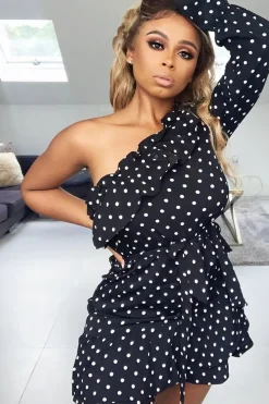 Rebellious Fashion Black and White Polka Dot One Shoulder Frill Dress - Zyann