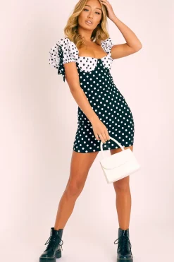 Rebellious Fashion Black and White Polka Dot Milkmaid Bow Detail Sleeve Dress - Shaila
