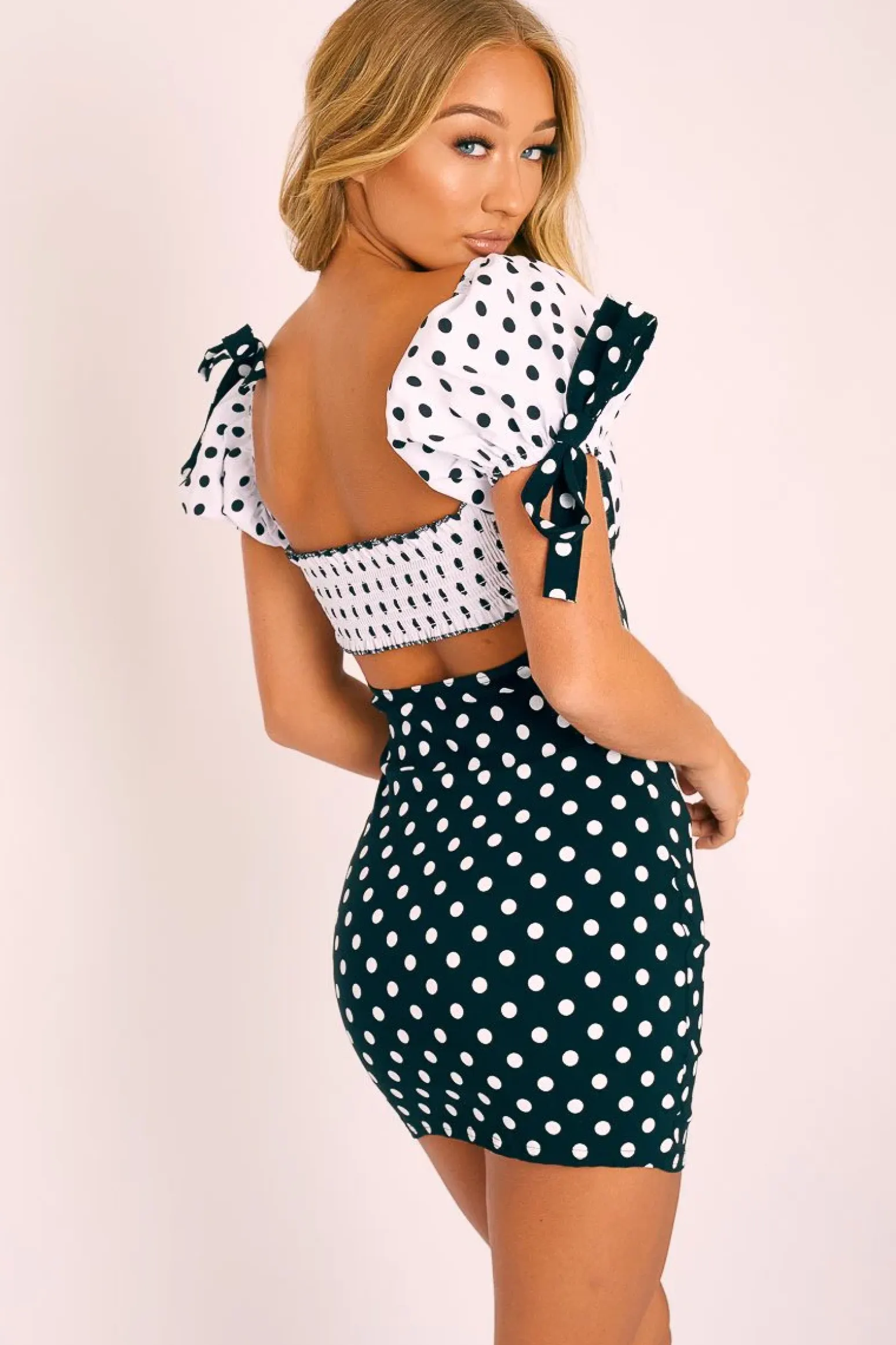 Rebellious Fashion Black and White Polka Dot Milkmaid Bow Detail Sleeve Dress - Shaila