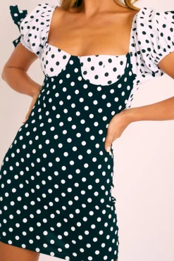 Rebellious Fashion Black and White Polka Dot Milkmaid Bow Detail Sleeve Dress - Shaila