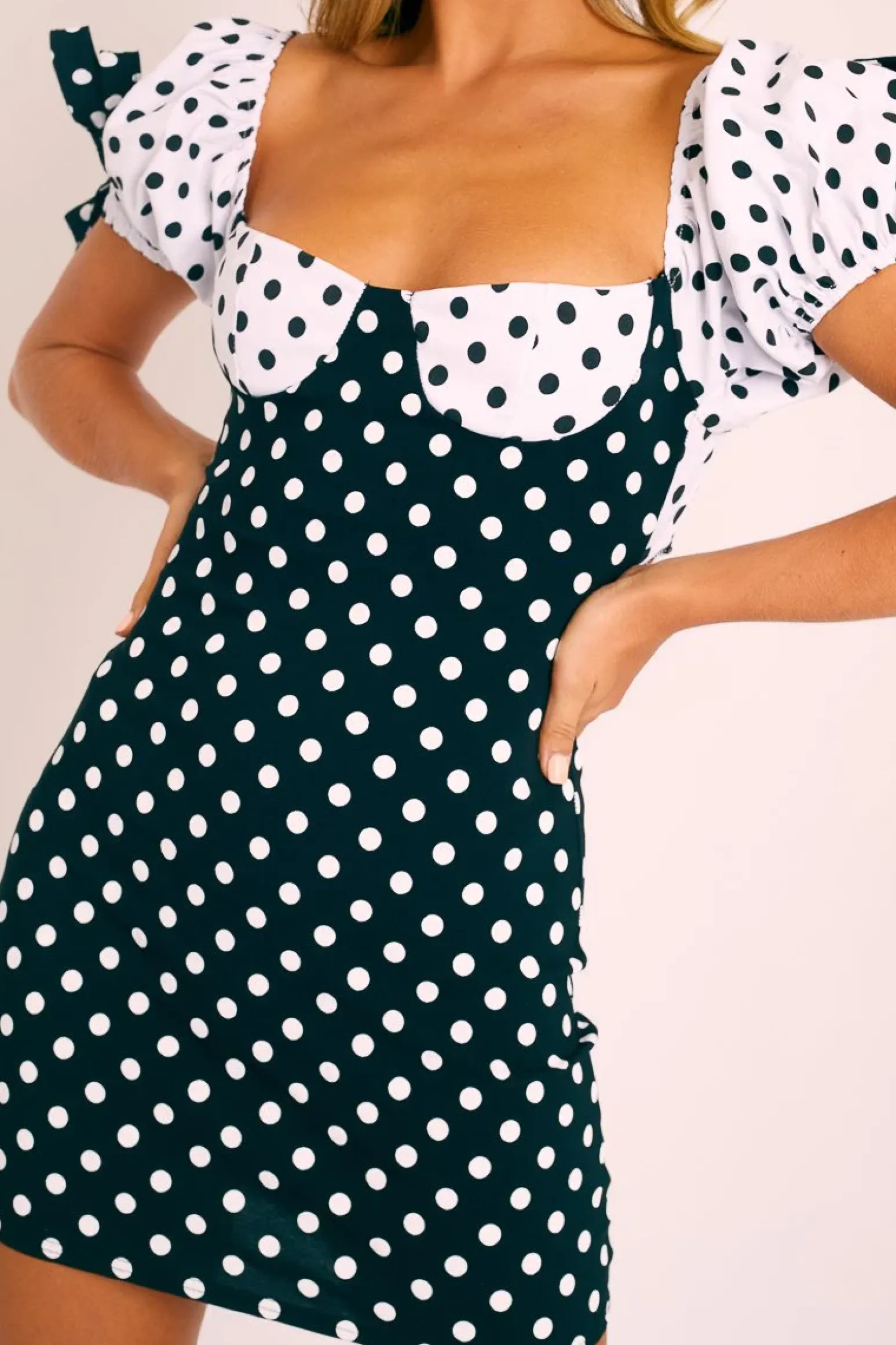 Rebellious Fashion Black and White Polka Dot Milkmaid Bow Detail Sleeve Dress - Shaila