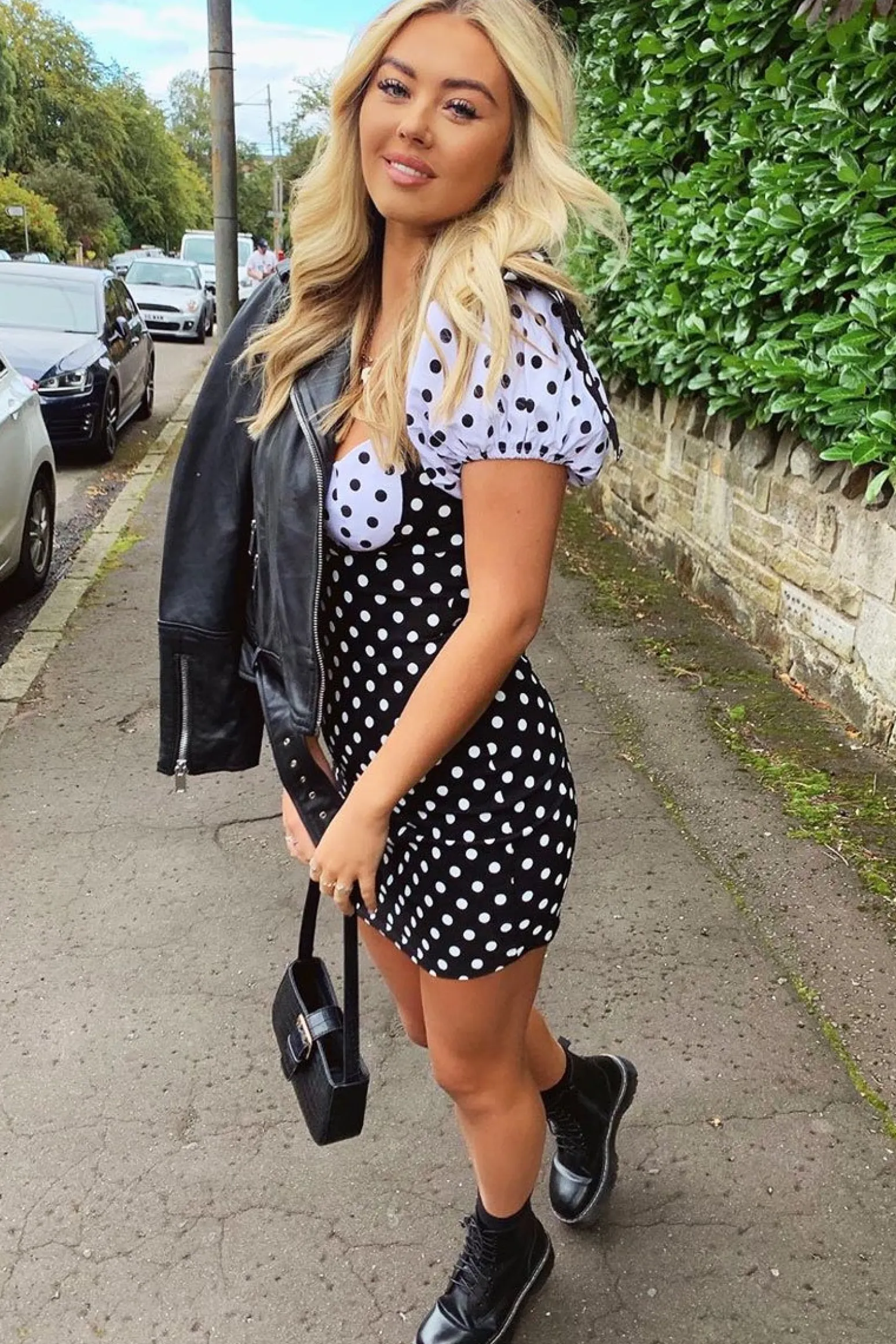 Rebellious Fashion Black and White Polka Dot Milkmaid Bow Detail Sleeve Dress - Shaila