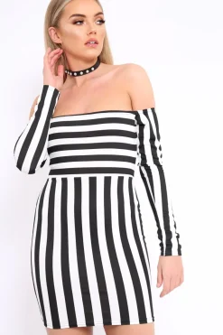 Rebellious Fashion Black and White Stripe Bardot Bodycon Dress - Leidy