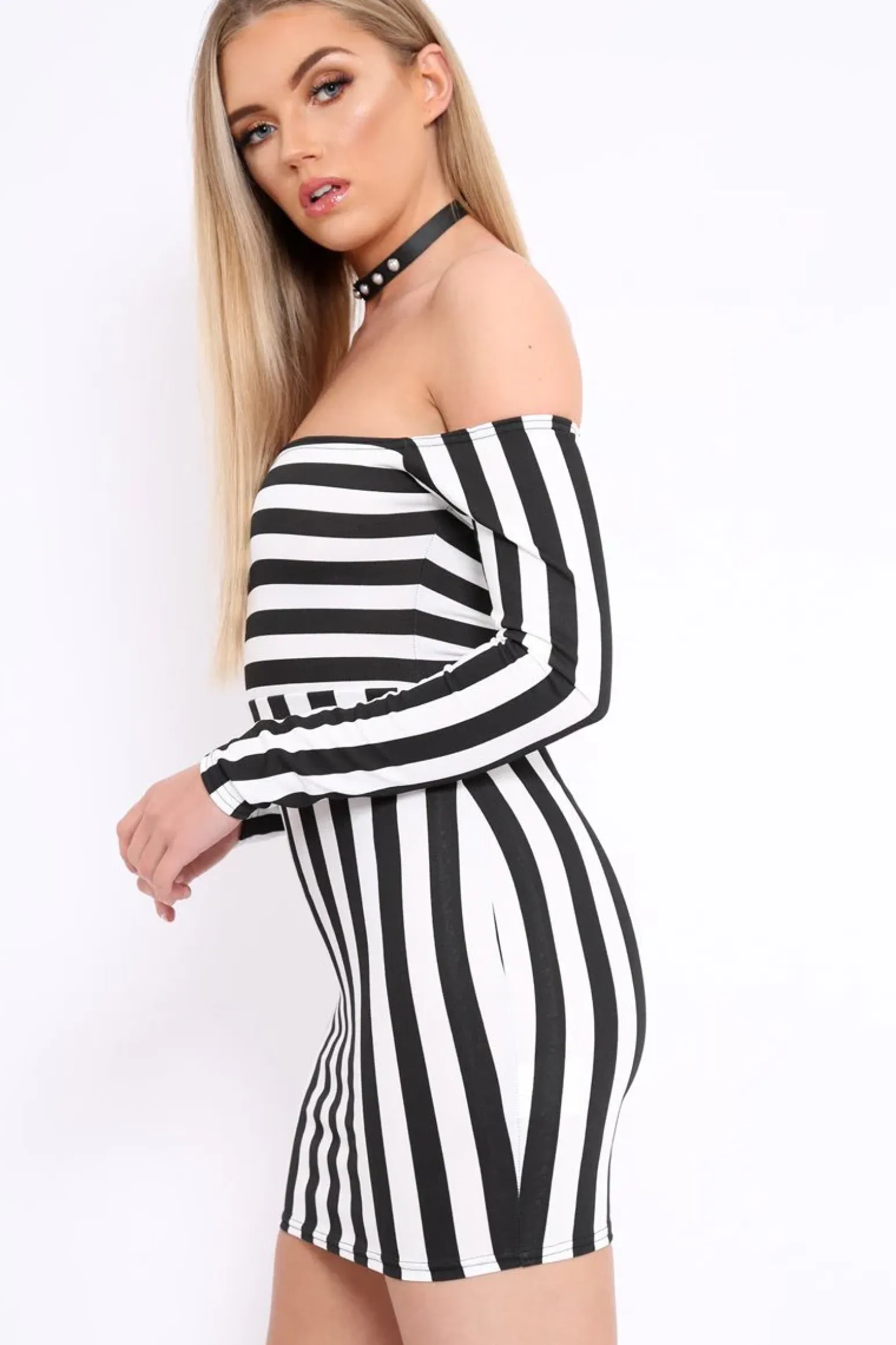 Rebellious Fashion Black and White Stripe Bardot Bodycon Dress - Leidy