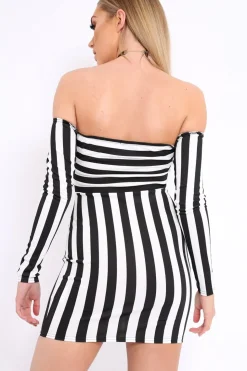 Rebellious Fashion Black and White Stripe Bardot Bodycon Dress - Leidy
