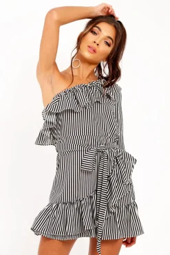 Rebellious Fashion Black and White Stripe One Shoulder Frill Dress - Zyann