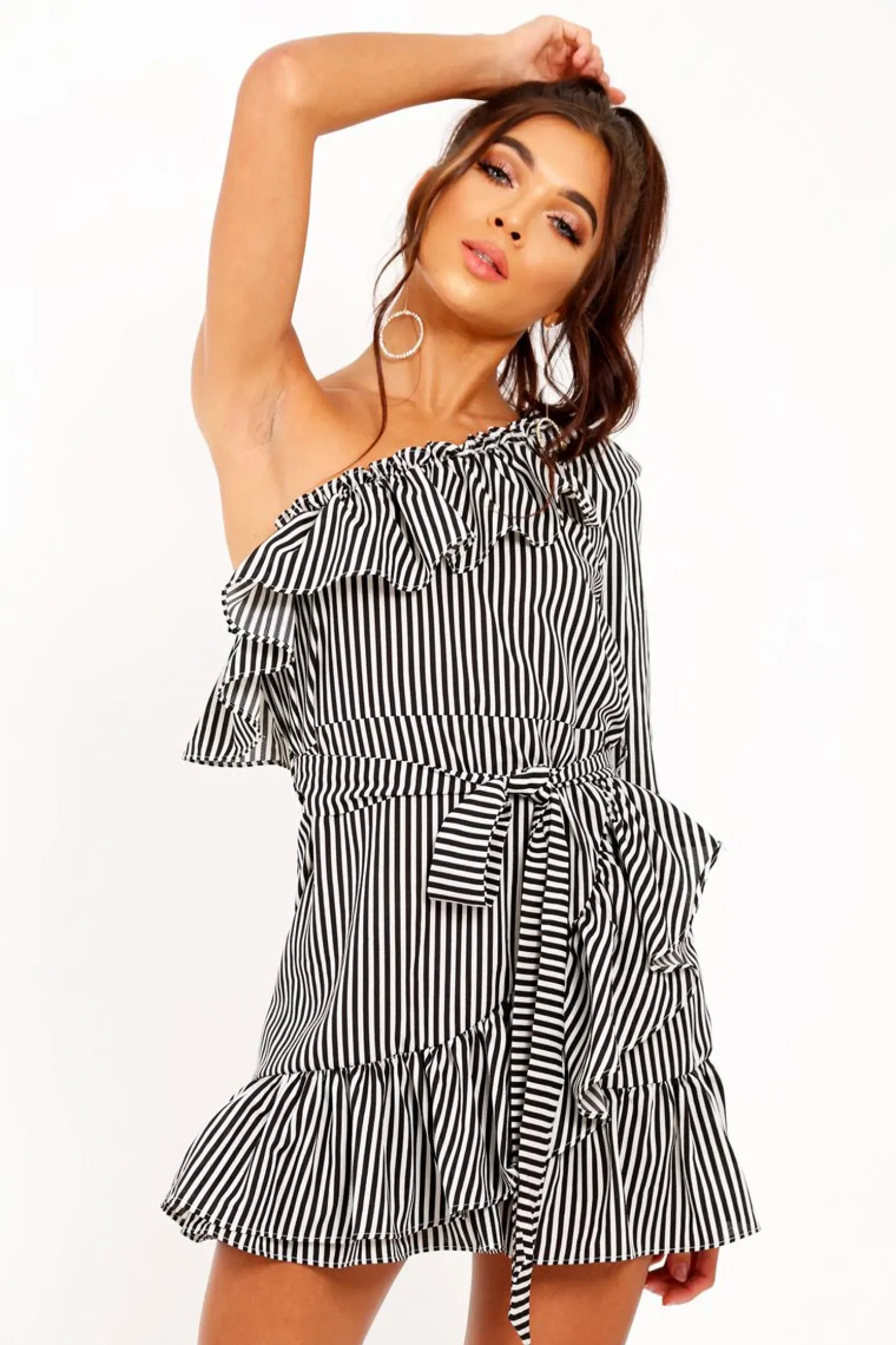 Rebellious Fashion Black and White Stripe One Shoulder Frill Dress - Zyann