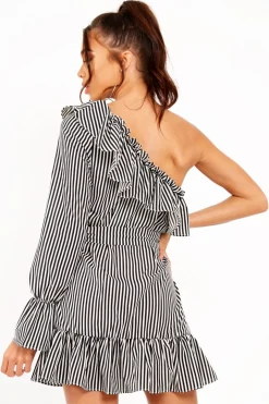 Rebellious Fashion Black and White Stripe One Shoulder Frill Dress - Zyann