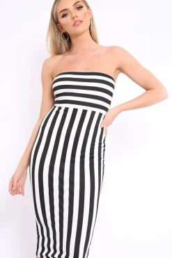 Rebellious Fashion Black and White Stripe Strapless Bodycon Dress - Mirabell