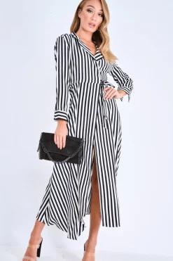 Rebellious Fashion Black and White Stripe Wrap Maxi Dress - Adisyn