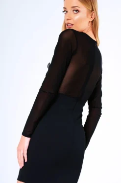Rebellious Fashion Black Applique Mesh Long Sleeve Bodycon Dress - Georgina