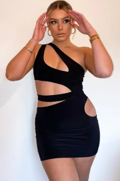 Rebellious Fashion Black Asymmetric Cut Out Mini Dress - Erin