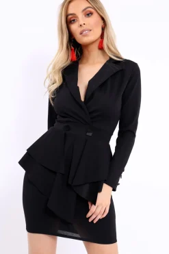 Rebellious Fashion Black Asymmetrical Front Detail Fitted Blazer Dress - Audrey