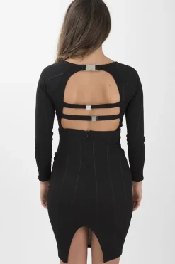 Rebellious Fashion Black Bandage Bodycon Buckle Detail Midi Dress - Ella
