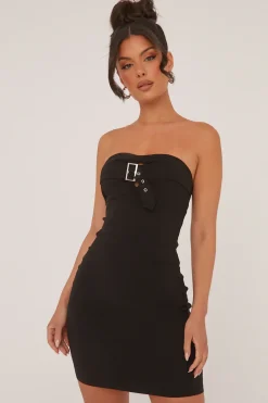 Rebellious Fashion Black Bandeau Belt Detail Bodycon Mini Dress - Anaya