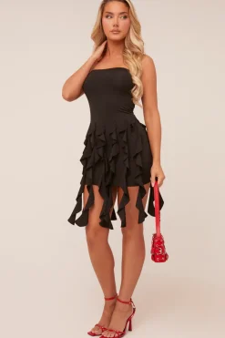 Rebellious Fashion Black Bandeau Frill Hem Mini Dress - Jessie