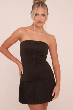 Rebellious Fashion Black Bandeau Pleat Hem Mini Dress - Brenda