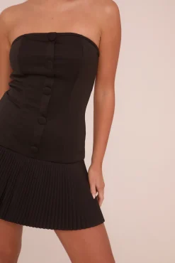 Rebellious Fashion Black Bandeau Pleat Hem Mini Dress - Brenda