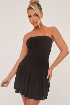 Rebellious Fashion Black Bandeau Ruched Skater Mini Dress - Sifan