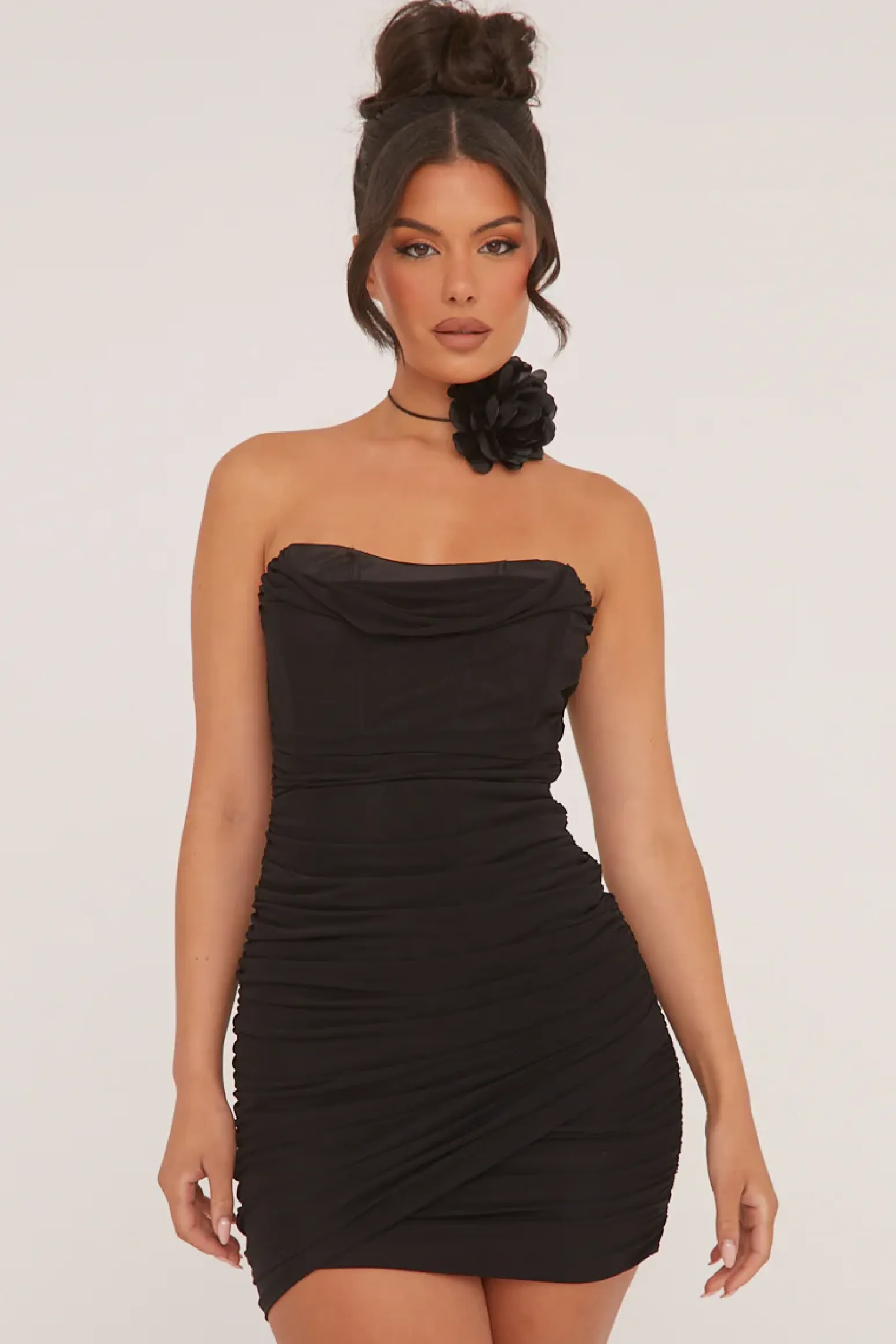 Rebellious Fashion Black Bandeau Ruching Detail Mini Dress - Lupita