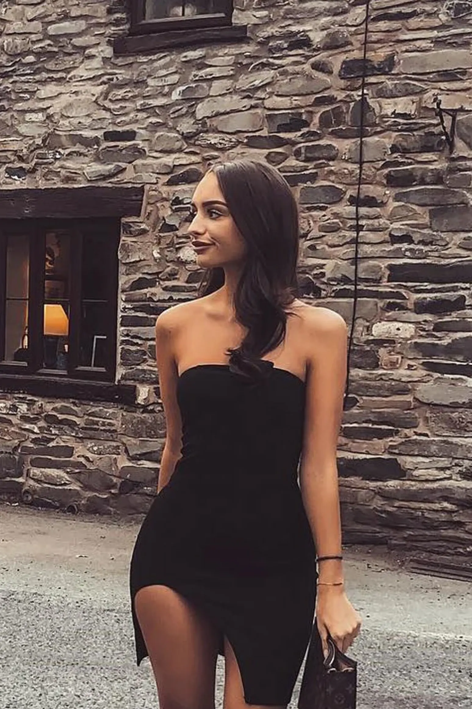 Rebellious Fashion Black Bandeau Split Leg Bodycon Dress - Galia