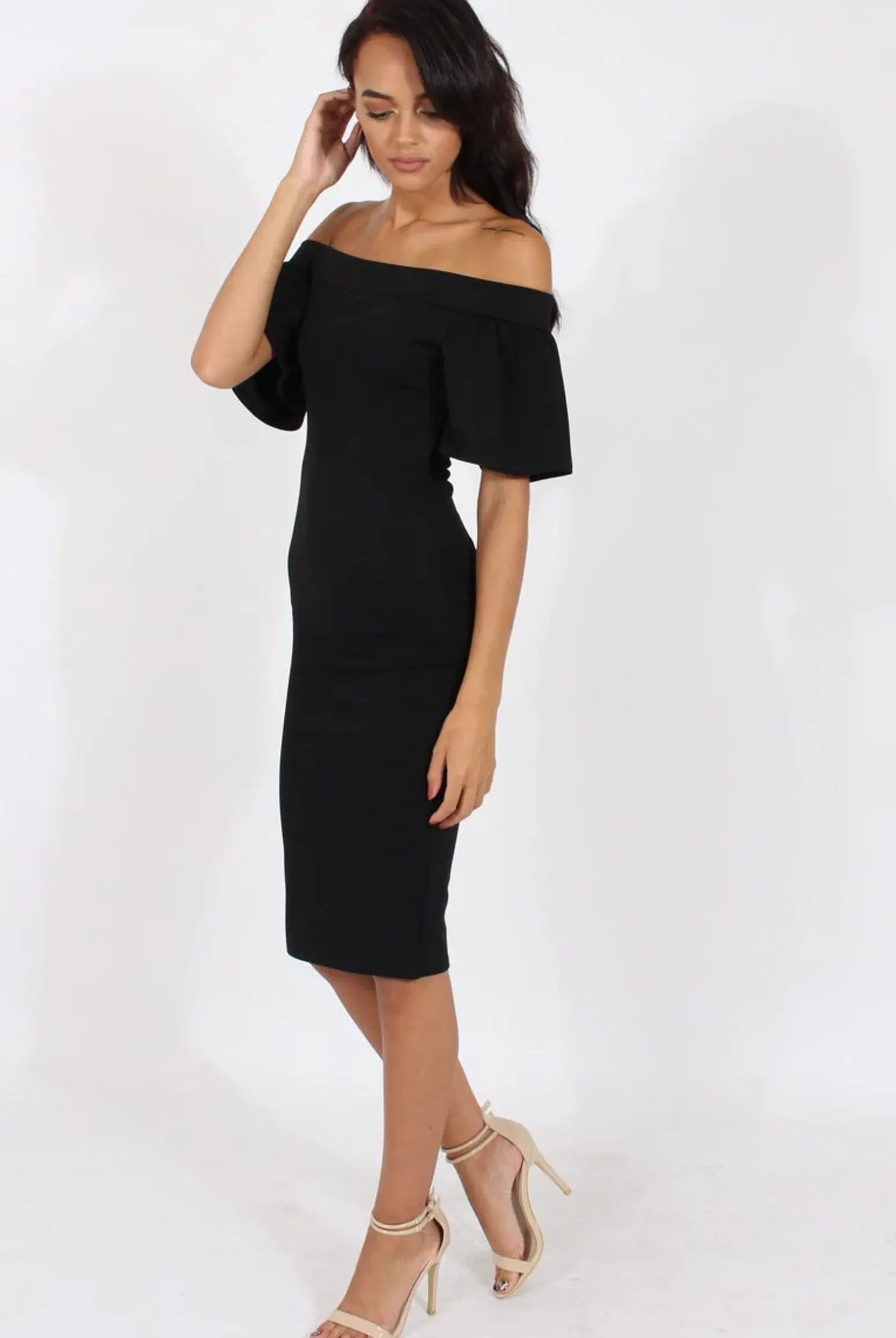 Rebellious Fashion Black Bardot Bodycon Midi Dress - Cecilia