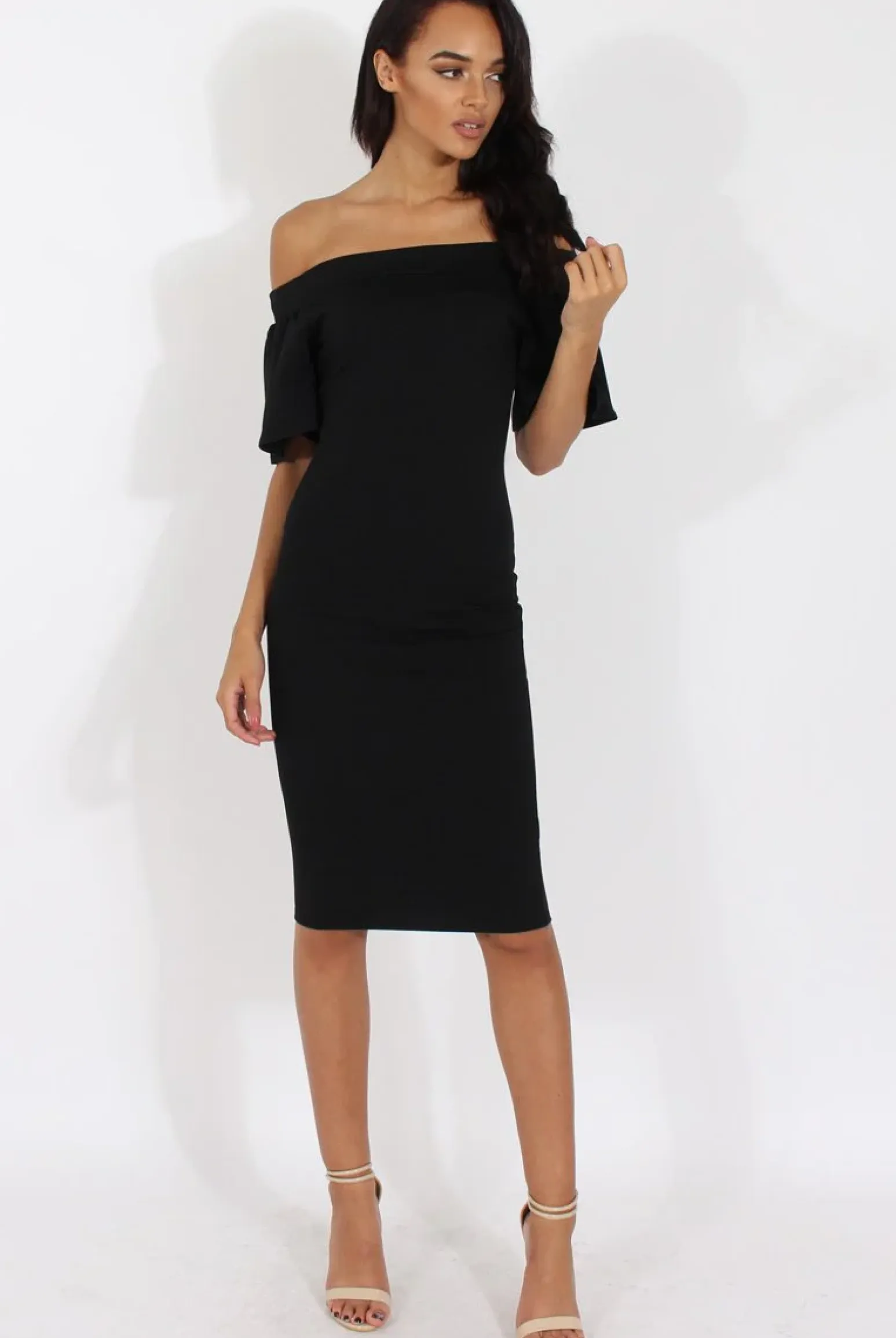 Rebellious Fashion Black Bardot Bodycon Midi Dress - Cecilia