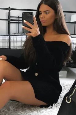 Rebellious Fashion Black Bardot Button Front Chunky Knit Jumper Dress - Syanna