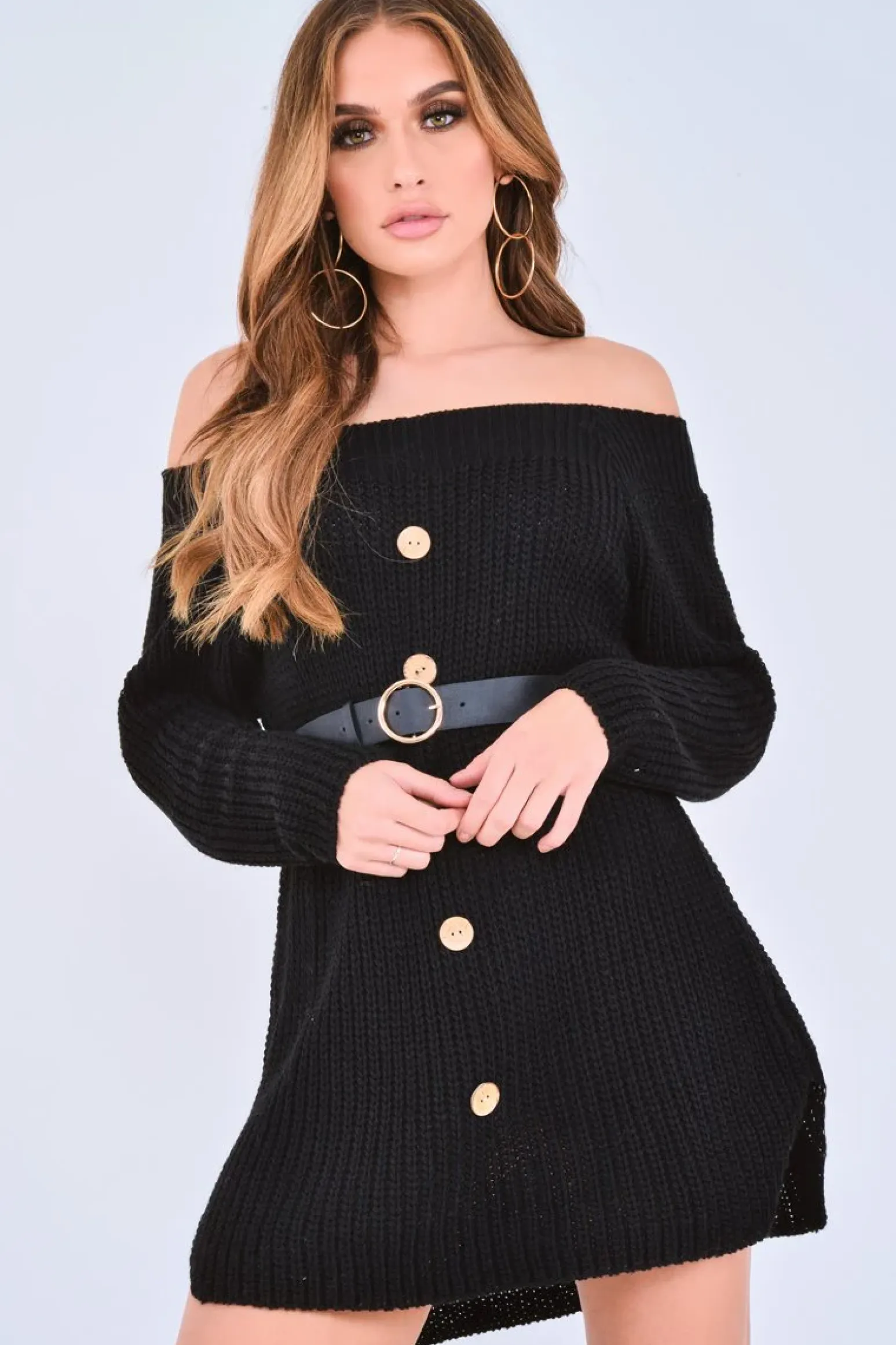 Rebellious Fashion Black Bardot Button Front Chunky Knit Jumper Dress - Syanna