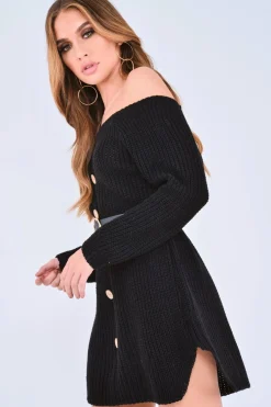 Rebellious Fashion Black Bardot Button Front Chunky Knit Jumper Dress - Syanna