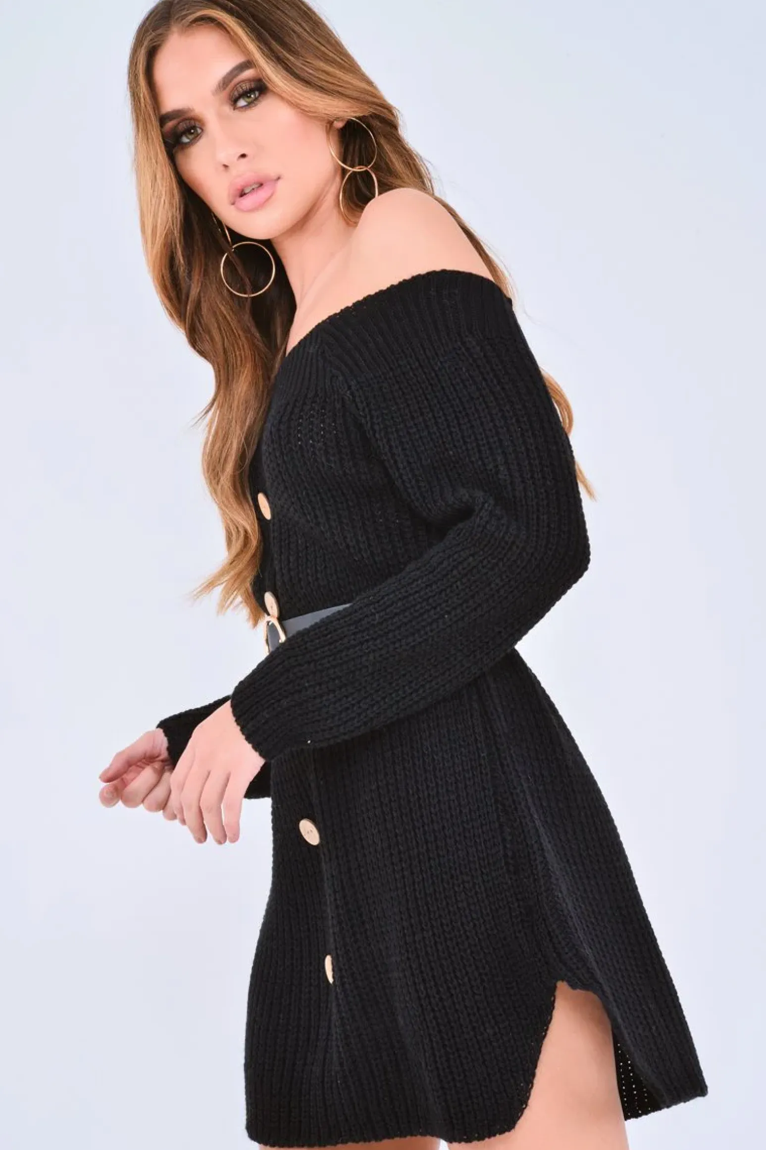 Rebellious Fashion Black Bardot Button Front Chunky Knit Jumper Dress - Syanna
