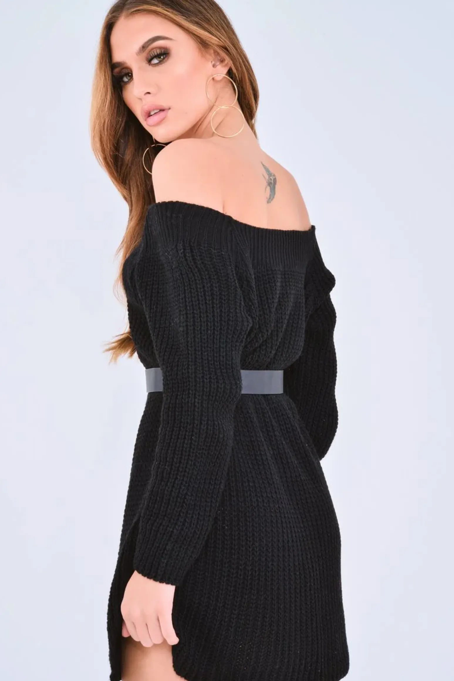 Rebellious Fashion Black Bardot Button Front Chunky Knit Jumper Dress - Syanna