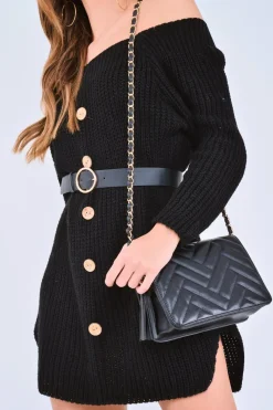 Rebellious Fashion Black Bardot Button Front Chunky Knit Jumper Dress - Syanna