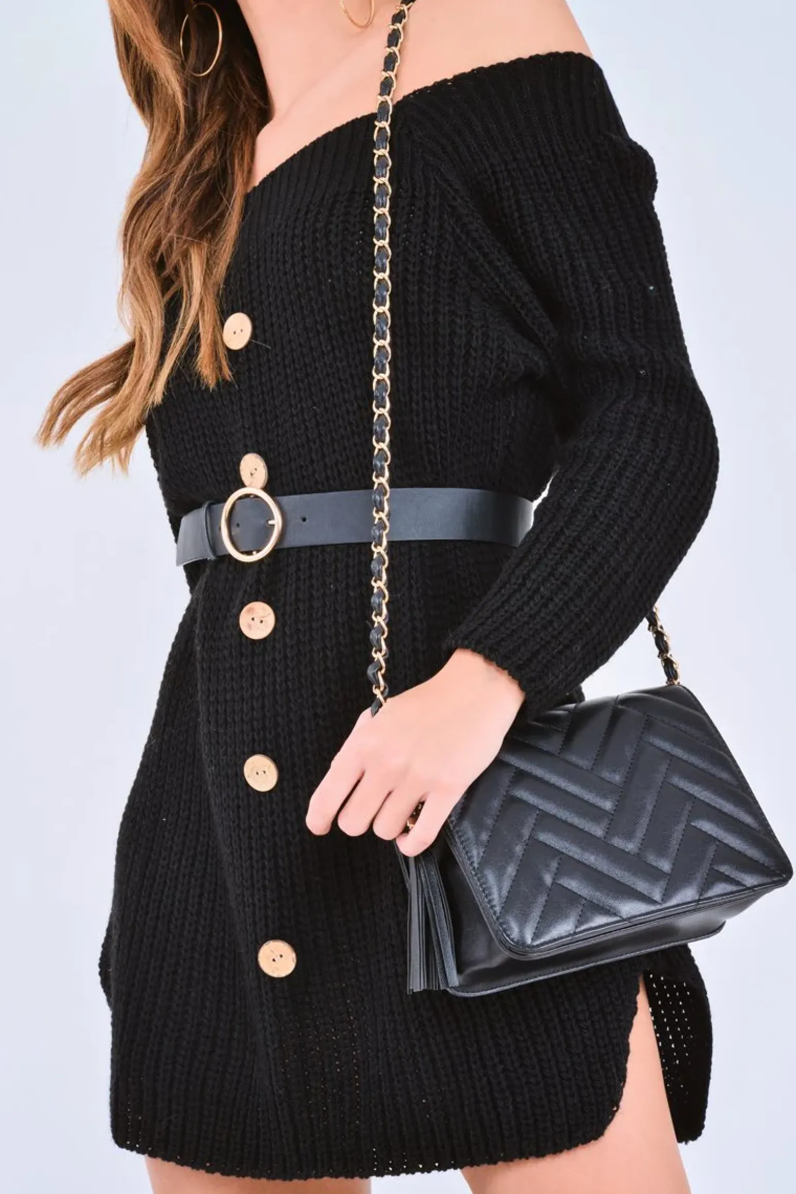 Rebellious Fashion Black Bardot Button Front Chunky Knit Jumper Dress - Syanna