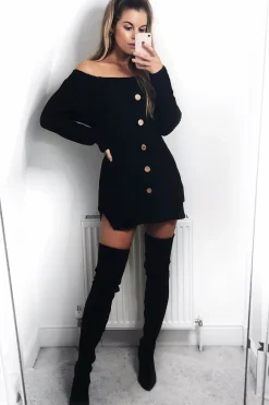 Rebellious Fashion Black Bardot Button Front Chunky Knit Jumper Dress - Syanna