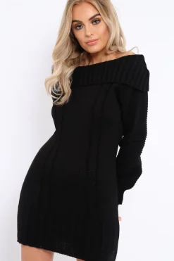 Rebellious Fashion Black Bardot Chunky Knit Jumper Dress - Kaidyn