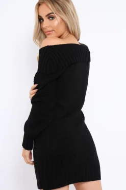 Rebellious Fashion Black Bardot Chunky Knit Jumper Dress - Kaidyn
