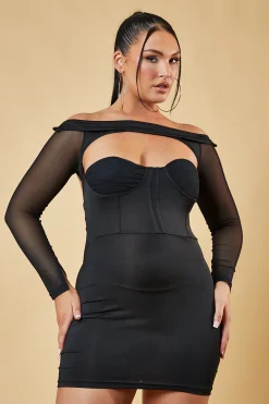 Rebellious Fashion Black Bardot Corset Detail Mini Dress - Alani