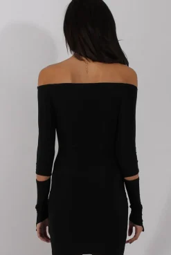 Rebellious Fashion Black Bardot Cut Out Elbow Dress - Jodie
