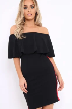 Rebellious Fashion Black Bardot Dress with Sports Trim - Melissa