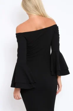 Rebellious Fashion Black Bardot Flared Sleeve Dress - Ebony