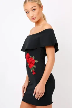 Rebellious Fashion Black Bardot Frill Bodycon Applique Dress - Leticia
