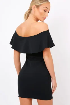 Rebellious Fashion Black Bardot Frill Bodycon Applique Dress - Leticia