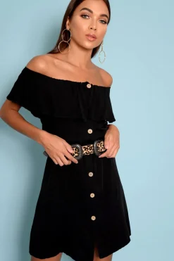 Rebellious Fashion Black Bardot Frill Button Front Dress - Julissa