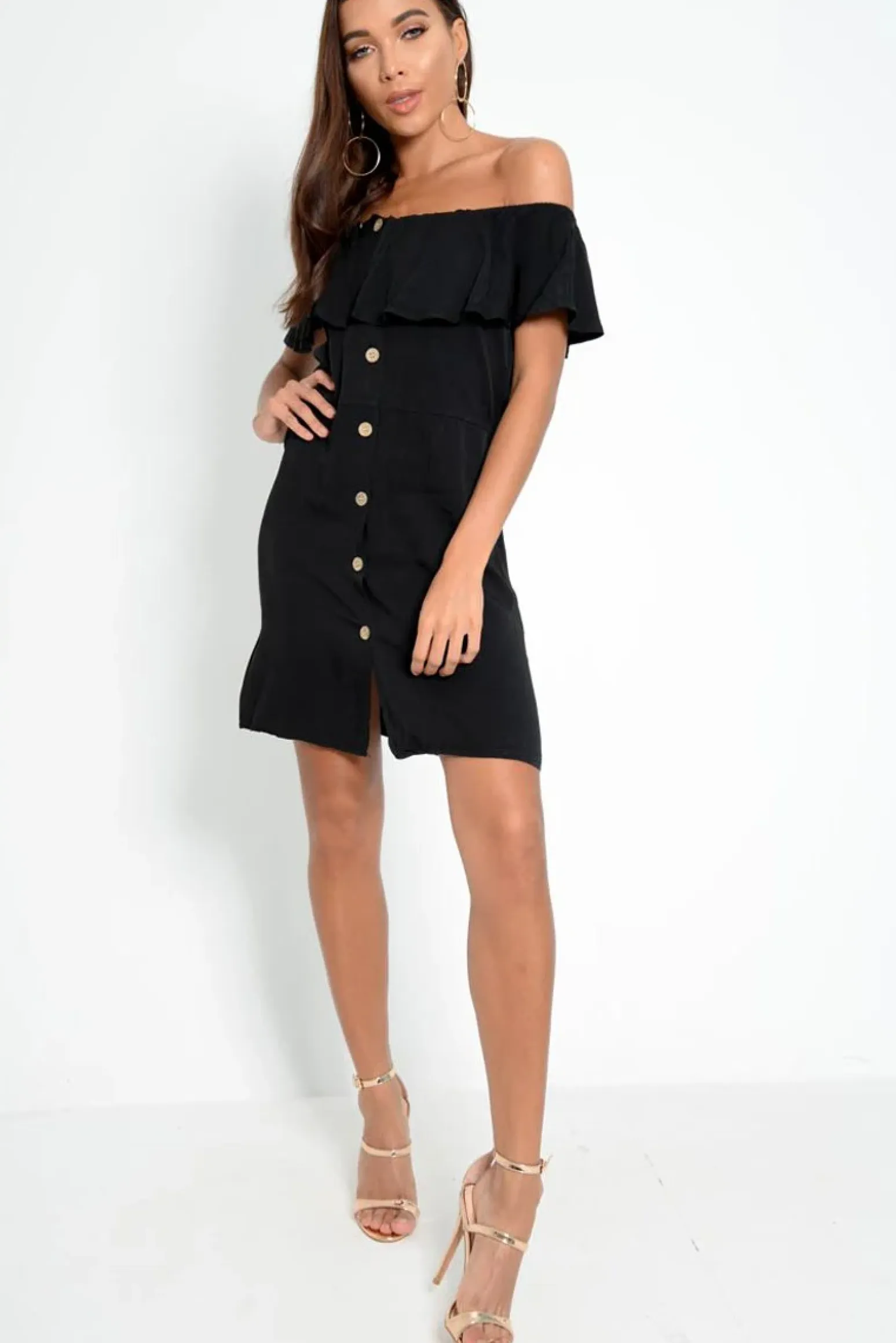 Rebellious Fashion Black Bardot Frill Button Front Dress - Julissa