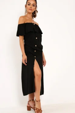 Rebellious Fashion Black Bardot Frill Button Front Midi Dress - Clancy