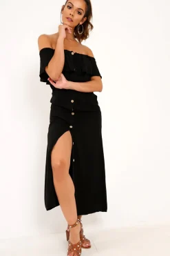 Rebellious Fashion Black Bardot Frill Button Front Midi Dress - Clancy