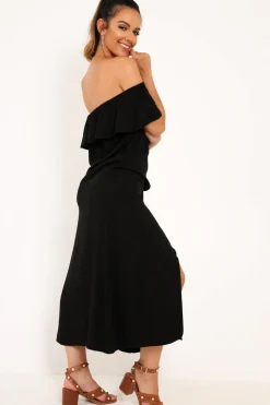 Rebellious Fashion Black Bardot Frill Button Front Midi Dress - Clancy