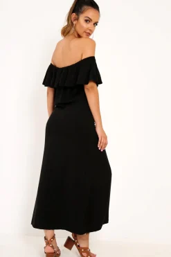 Rebellious Fashion Black Bardot Frill Button Front Midi Dress - Clancy
