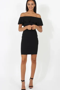 Rebellious Fashion Black Bardot Frill Midi Dress - Lily